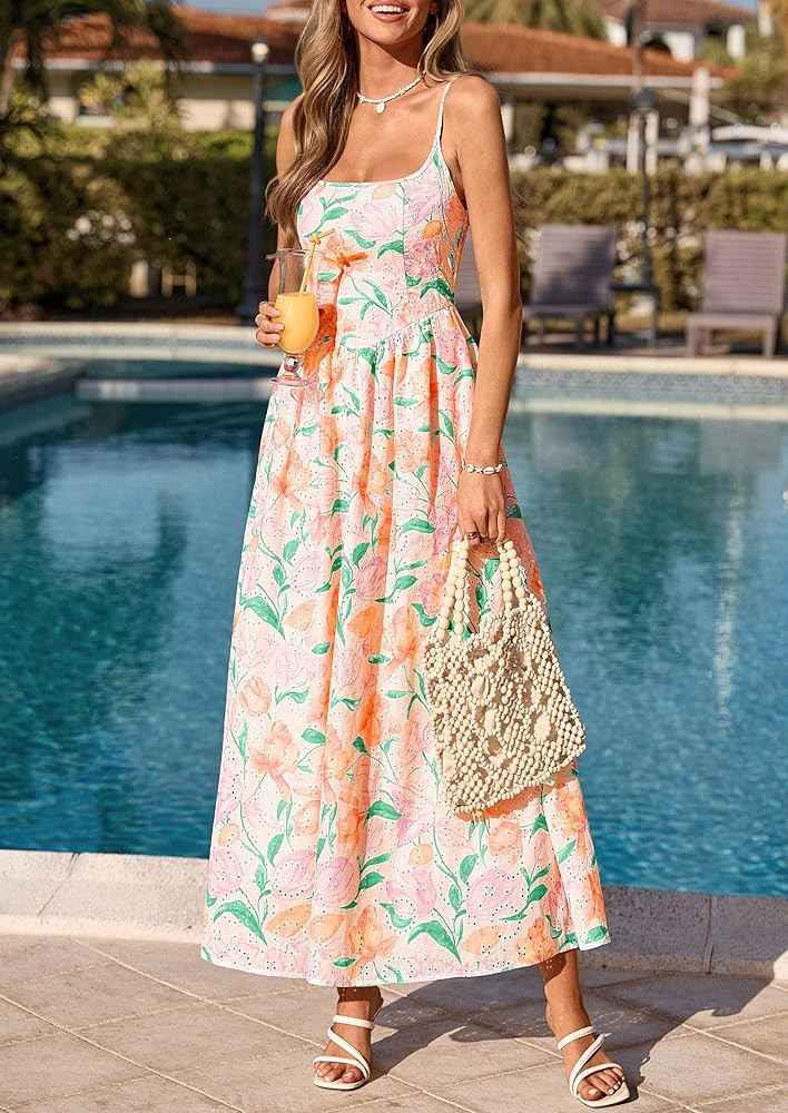 PRETTYGARDEN Womens 2026 Spring Boho Maxi Dress Eyelet Floral Long Flowy Sundresses Summer Beach ... | Amazon (US)