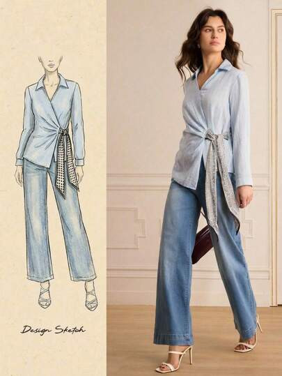 Lilora Women's Elegant Striped Ribbon Tie Wrap Blouse Tie Front Blouse Women Shirts And Blouses B... | SHEIN