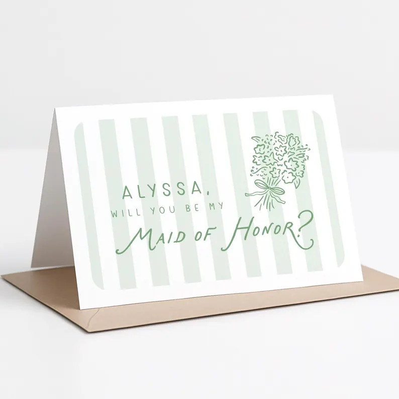 Green Striped Bridesmaid Proposal Card With a Hand Drawn Bouquet, Printed Elegant Bridal Party Pr... | Etsy (Global)