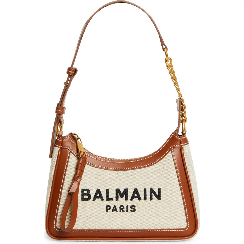 Balmain B-Army Canvas & Leather Shoulder Bag in Gem Ntrl/brown at Nordstrom | Nordstrom