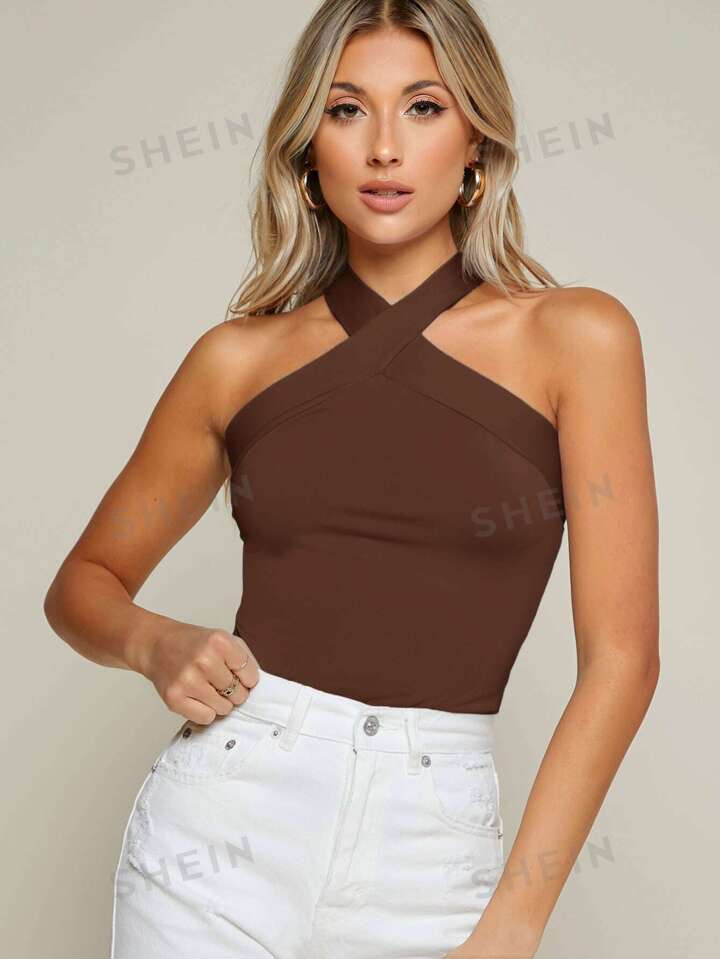 SHEIN BAE Solid Fitted Halter Top, Going Out Top | SHEIN