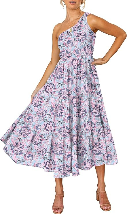 ANRABESS Women's Boho Summer Printed One Shoulder Sleeveless Smocked Flowy Tiered Beach Party Max... | Amazon (US)