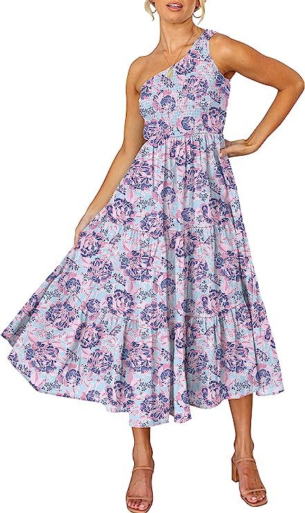 ANRABESS Women's Boho Summer Printed One Shoulder Sleeveless Smocked Flowy Tiered Beach Party Max... | Amazon (US)
