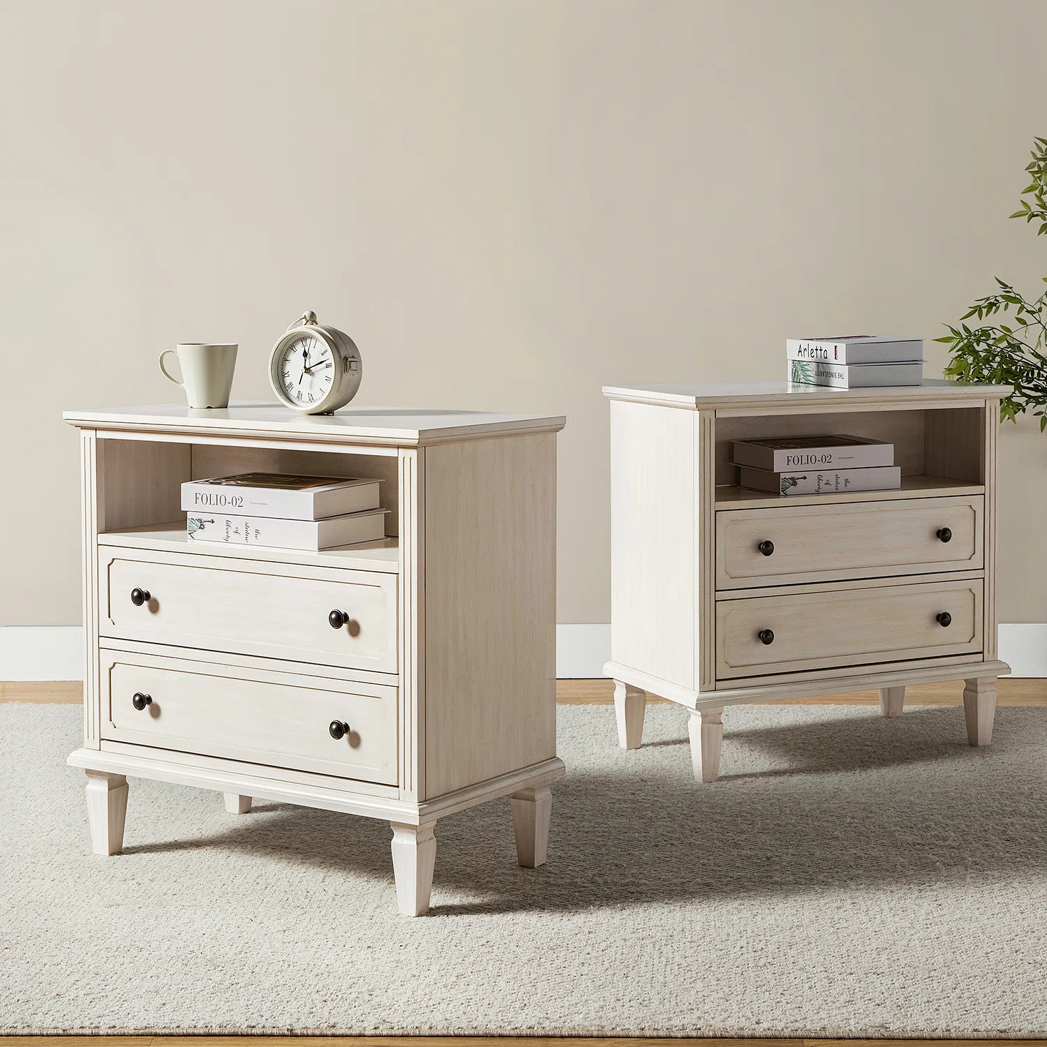 Amberlyn 2-Drawer Nightstand with Built-In Outlets and Solid Wood Legs (Set of 2) | Wayfair North America