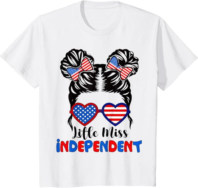 Little Miss Independent 4th Of July Girls Messy Bun USA Flag T-Shirt | Amazon (US)