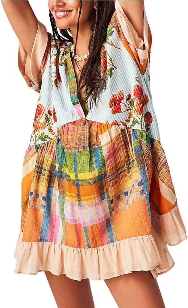 Women Boho Summer Dresses Y2K Babydoll Flowy Dress Ruffle Mini Dress Deep V-Neck Casual Floral Su... | Amazon (US)