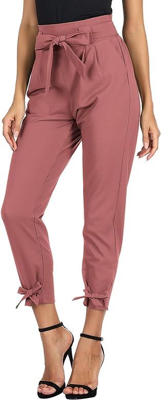 GRACE KARIN Women's Casual Pants Solid High Waist Self Tie Belted Pencil Trouser | Amazon (US)