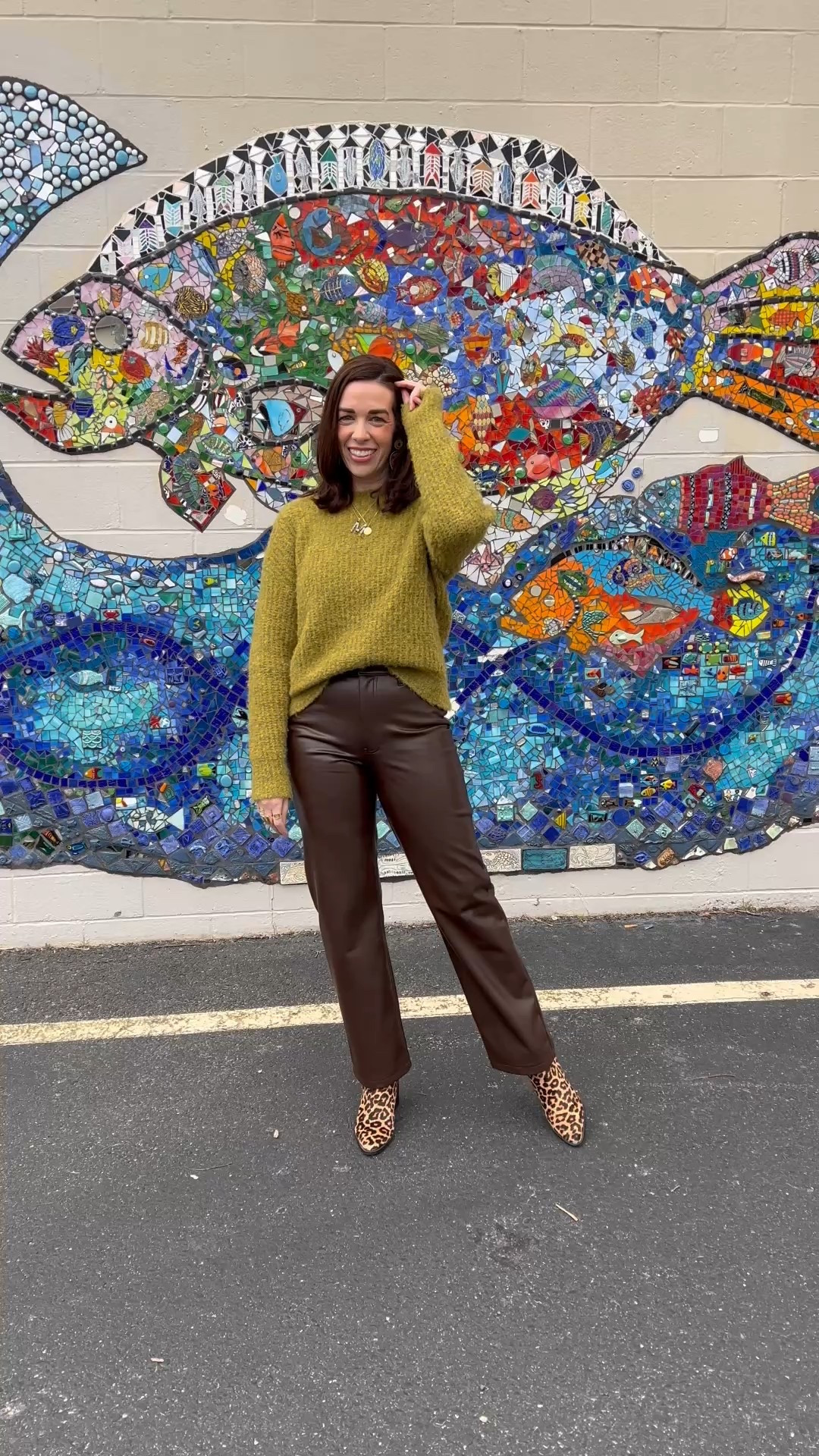 Green sweater (extra small). Dark brown leather straight leg pants (27). Leopard boots (8.5). #sweater #sweaters #greensweater #darkbrownpants #leatherpants #straightlegpants #boots #leopardboots #stpatricksday #stpatricksdayoutfit 

#LTKFindsUnder100 #LTKStyleTip #LTKSpringSale