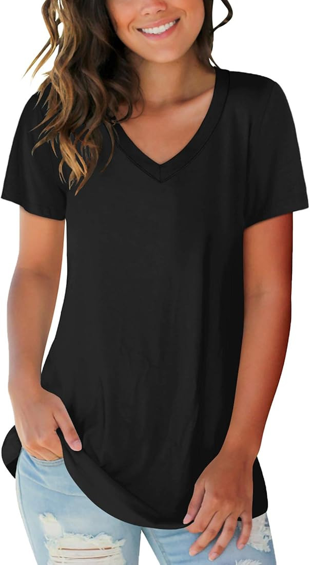 SAMPEEL Women's Basic V Neck Short Sleeve T Shirts Summer Tops Casual | Amazon (US)