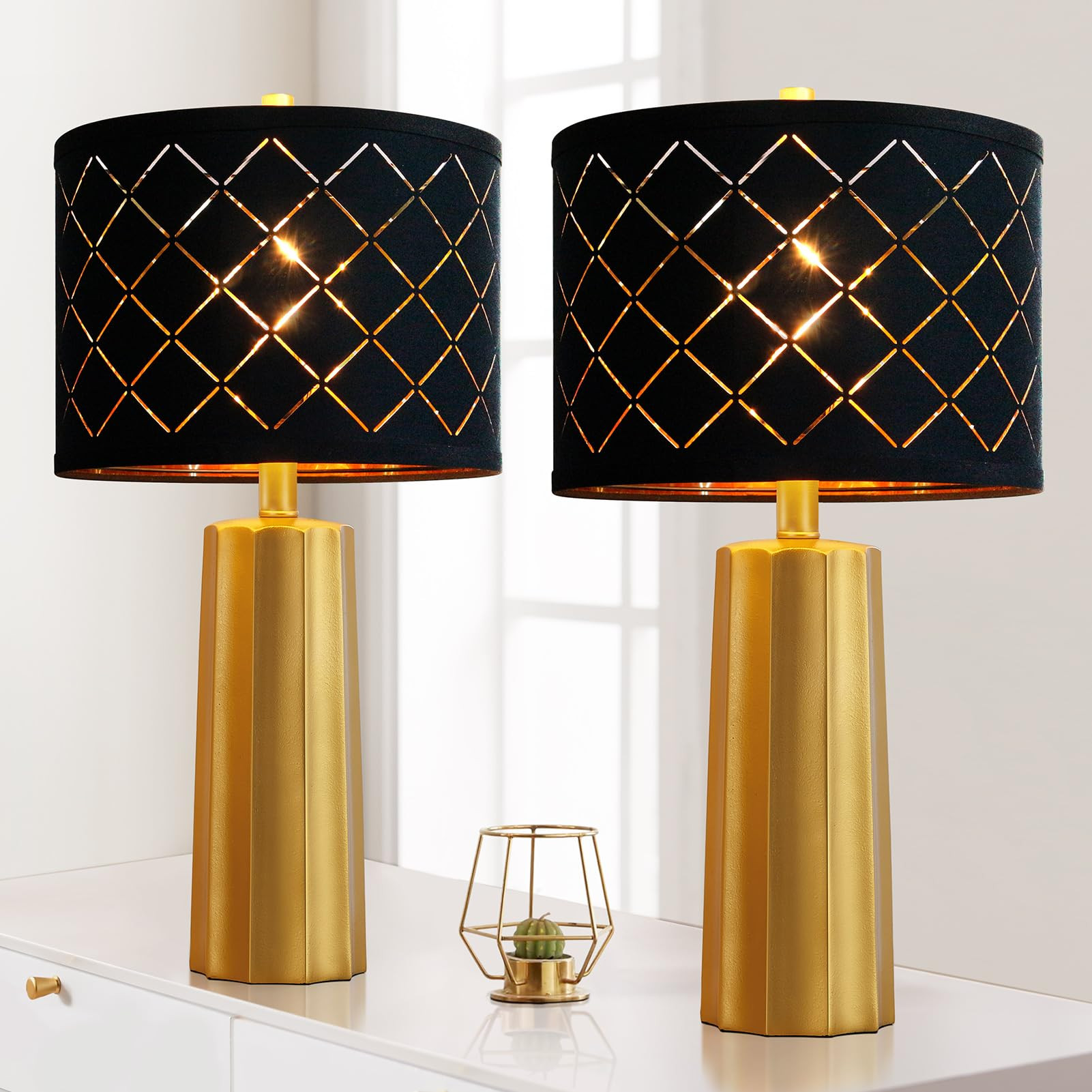 RORIANO 24" Set of 2 Modern Table Lamps for Living Room Bedroom, Gold Black Grid Nightstand Resin... | Amazon (US)