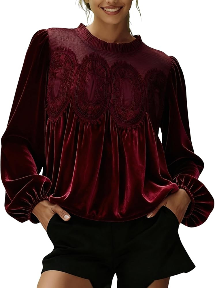 Gozoloma Women's Long Sleeve Velvet Trim Lace Blouse Elegant Flared Swing Top Round Neck Blouse C... | Amazon (US)