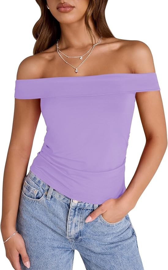 LUYAA Women's Off Shoulder Cropped Tops Short Sleeve Slim Fit Ruched T Shirt Going Out Y2K Trendy... | Amazon (US)