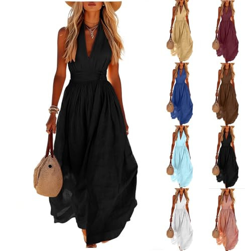 Piuwrlz v Neck Linen Dress, Summer Linen Maxi Dresses Womens Deep V-Neck Sleeveless Cocktail Dress Cinched High Waist Wedding Guest Party Dress Black S | Amazon (US)