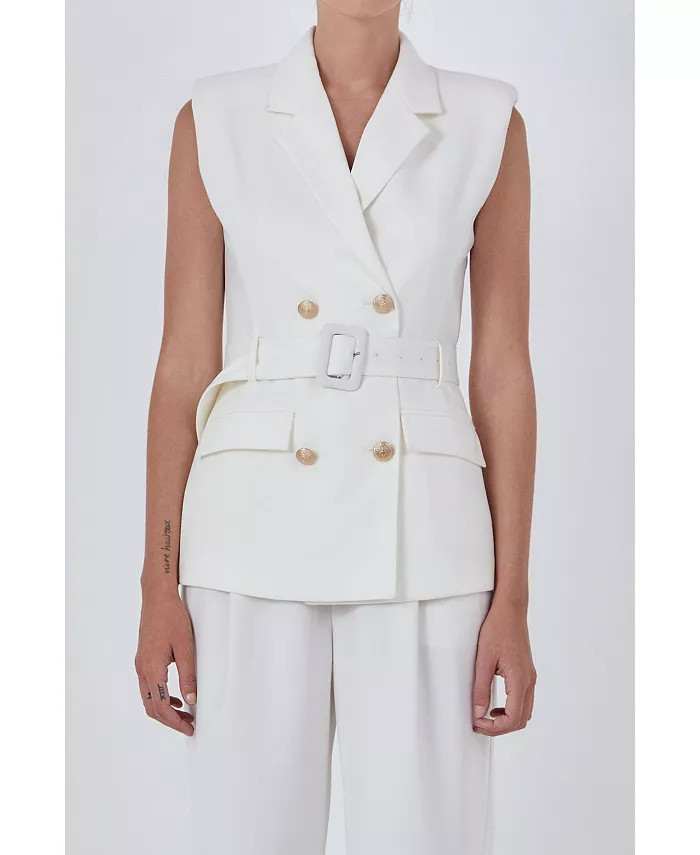 endless rose Women's Shoulder pad Double Breast Belted Blazer - Macy's | Macy's