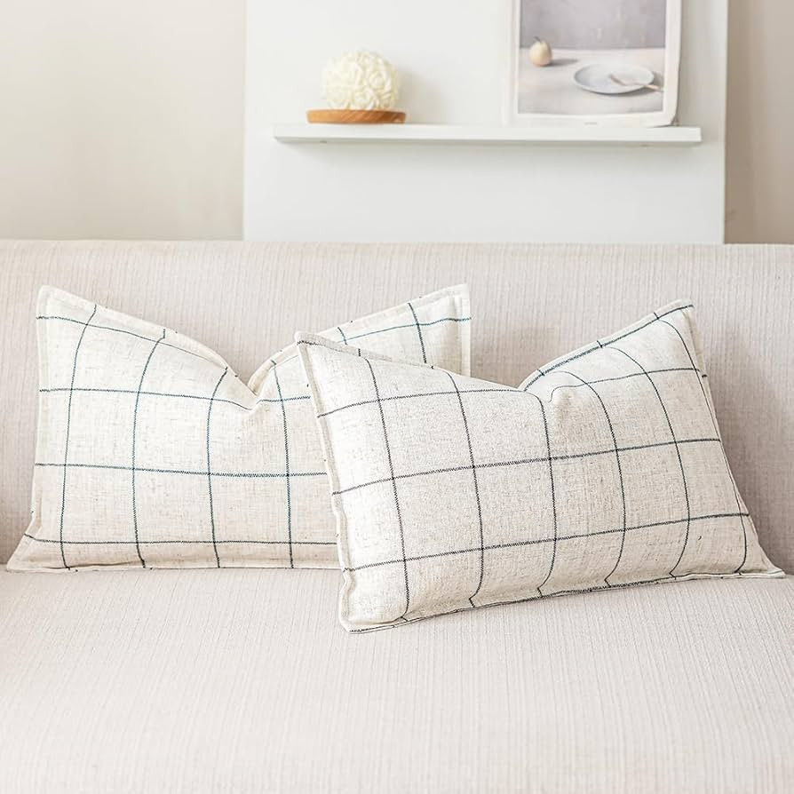 White Boho Plaid Lumbar Pillow Covers 12x20 Set of 2, Cream and Black Checkered Decorative Throw ... | Amazon (US)