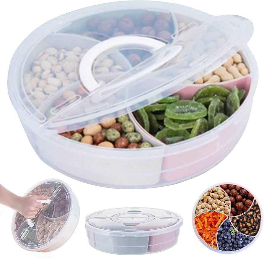 Round Divided Serving Tray Platter with Lid & Handle Storage Container, 5 Colorful Compartment Bo... | Amazon (US)