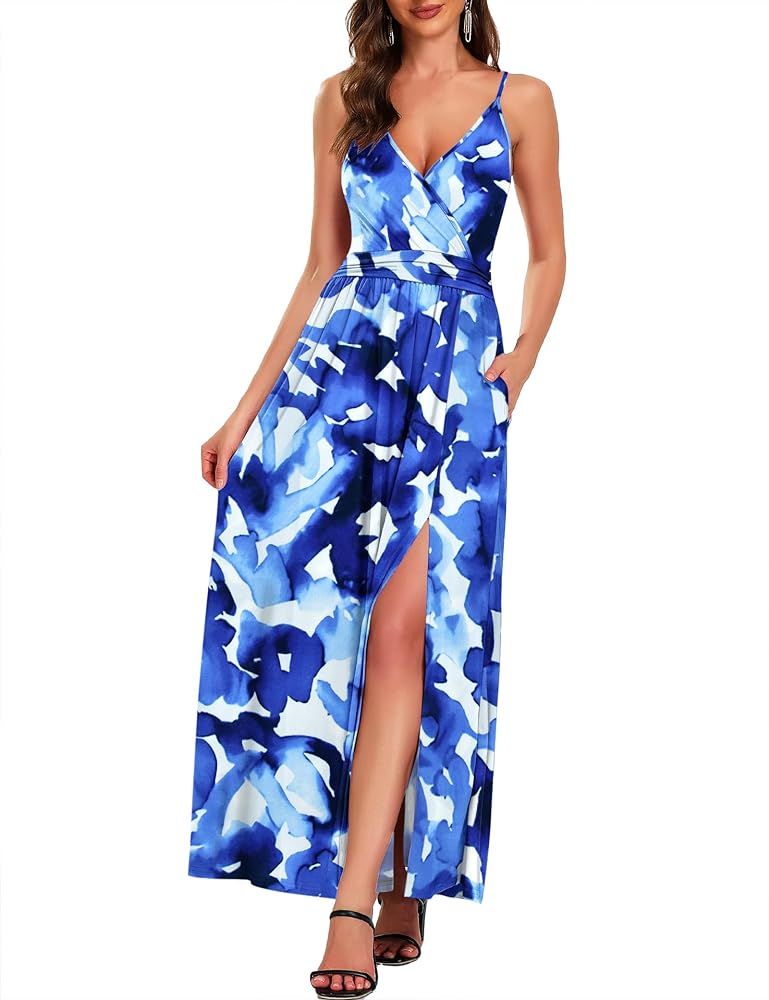 AUSELILY Women's 2024 Summer V Neck Beach Strap Sleeveless Casual Split Long Maxi Dress | Amazon (US)