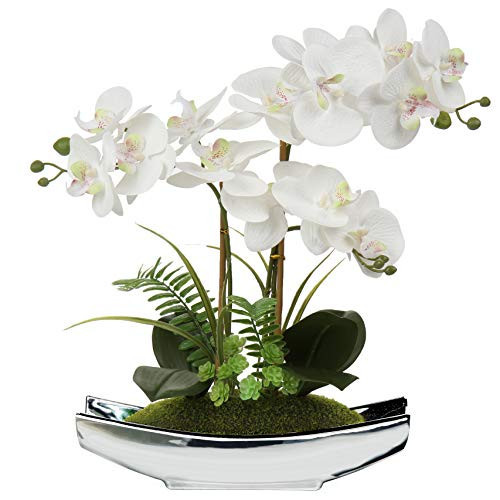 Briful Orchids Artificial Flowers 15" White Phalaenopsis Orchid with Silver Pots Real Touch Faux Orchid Plant for Home Office Living Room Table Decoration | Amazon (US)