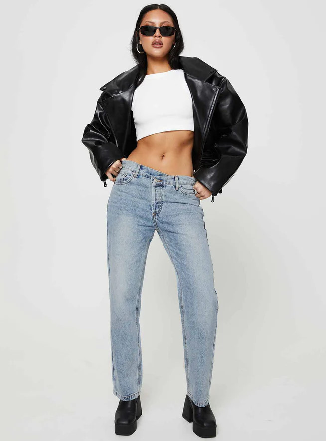 Holly Asymmetric Straight Leg Jean Light Wash Denim Lower Impact | Princess Polly US