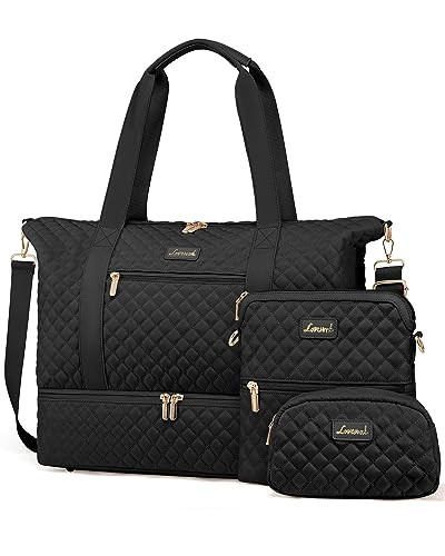 LOVEVOOK Travel Weekender Bag for Women, Duffle Bag with Shoe Compartment, Gym Duffel Bag with Makeup Bag, Black, Quilited | Amazon (US)