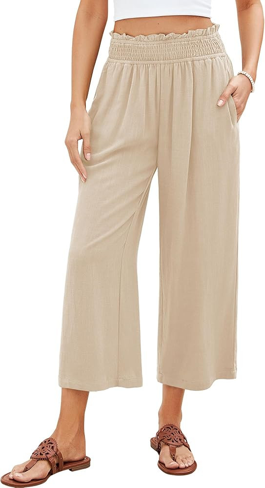 GRAPENT Capri Pants for Women High Waisted Wide Leg Linen Palazzo Trousers Pull On Elastic Smock ... | Amazon (US)