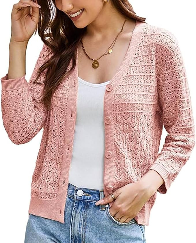 GRACE KARIN Women Lightweigt Crochet Knit Cardigan, 3/4 Sleeve Cropped Shrugs, Spring Button Down... | Amazon (US)