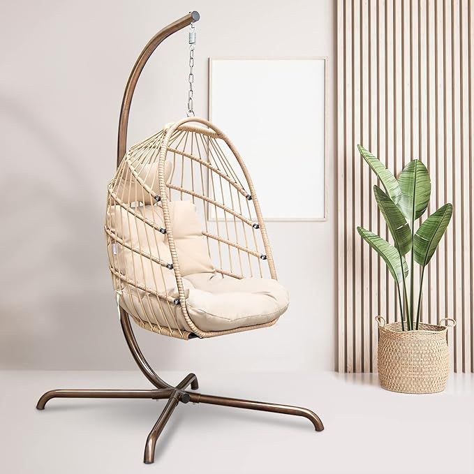 RADIATA Foldable Wicker Rattan Hanging Egg Chair with Stand, Swing Chair with Cushion and Pillow,... | Amazon (US)