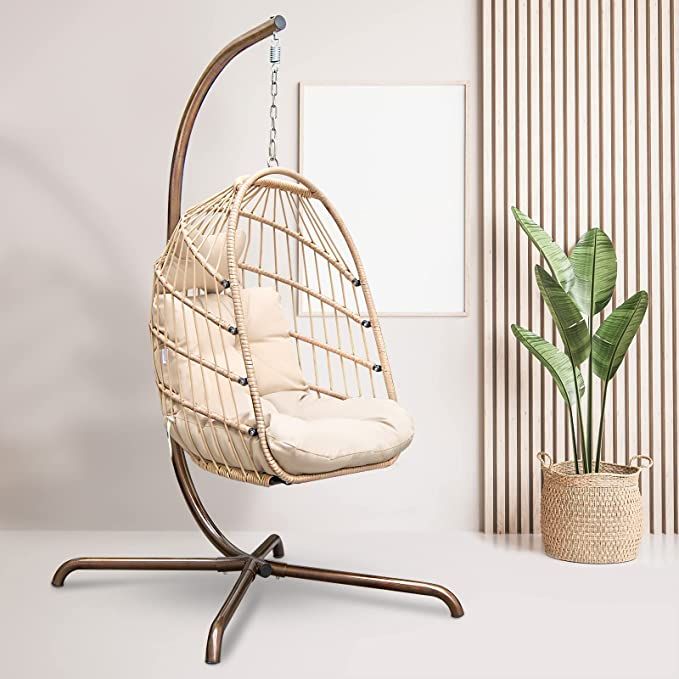 RADIATA Foldable Wicker Rattan Hanging Egg Chair with Stand, Swing Chair with Cushion and Pillow,... | Amazon (US)