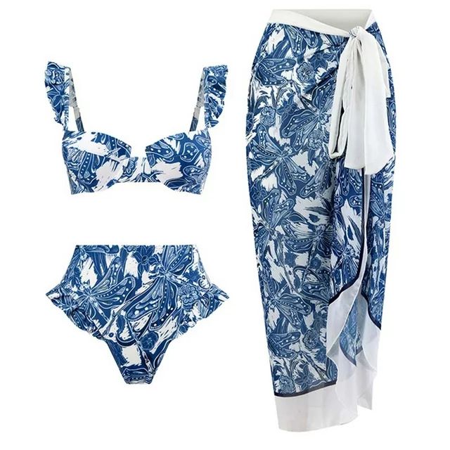 JGGSPWM Women's 3 Piece Modest Swimsuit High Waisted Bikini with Kimono Cover Up Set Blue L - Wal... | Walmart (US)