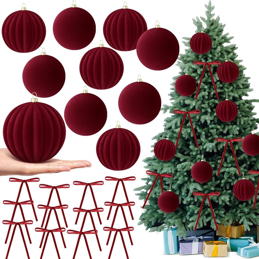 12 Pcs 4 Inch Large Velvet Christmas Balls with 24 Pcs 5.9 x 8.7 Inch Velvet Xmas Tree Bows Chris... | Amazon (US)