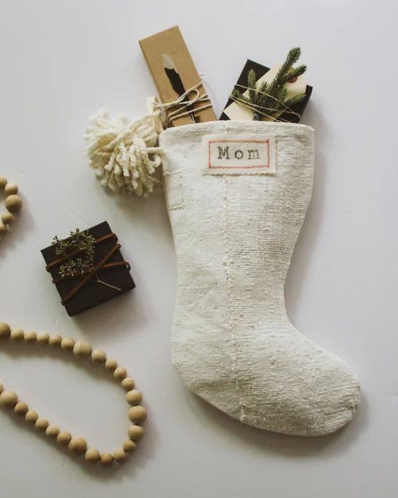 White Mudcloth Christmas Stockings With Pom Poms  Bohemian - Etsy | Etsy (US)