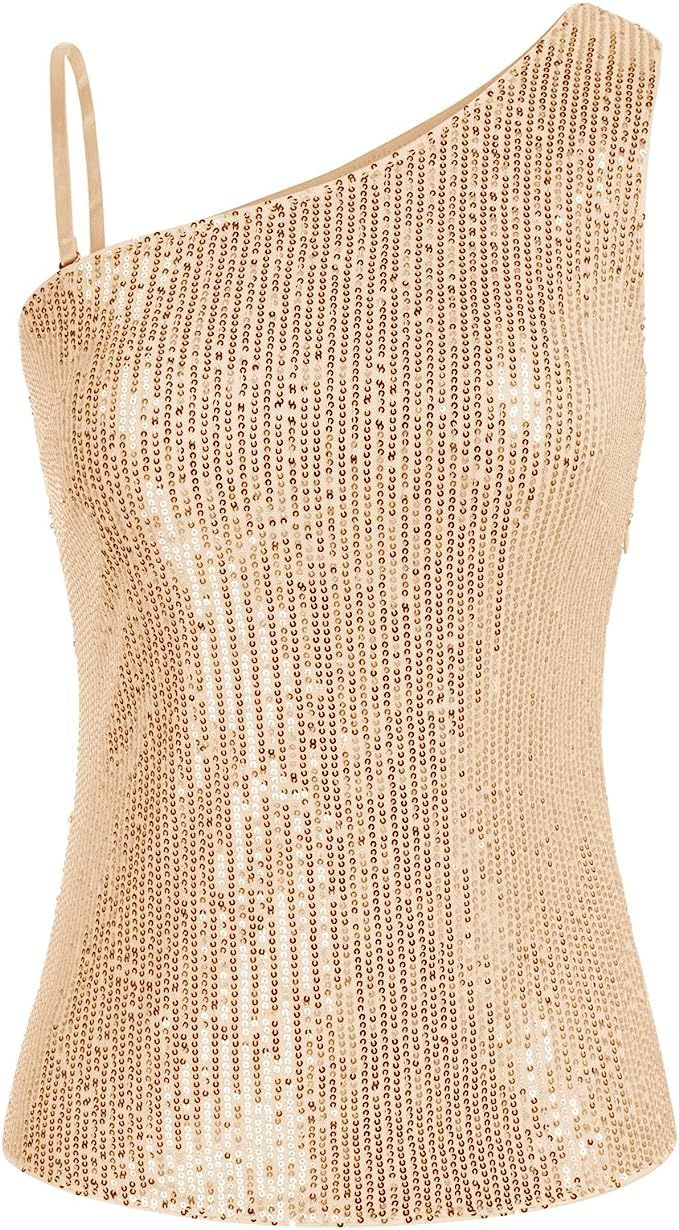 GRACE KARIN Women's Sequin Tank Tops One Shoulder Sleeveless Party Camisole Vest | Amazon (US)