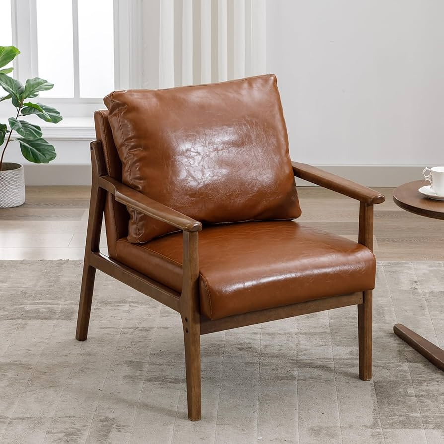 Okeysen Modern Leather Accent Chair with Solid Wood Frame,Upholstered Living Room Chairs with Wai... | Amazon (US)