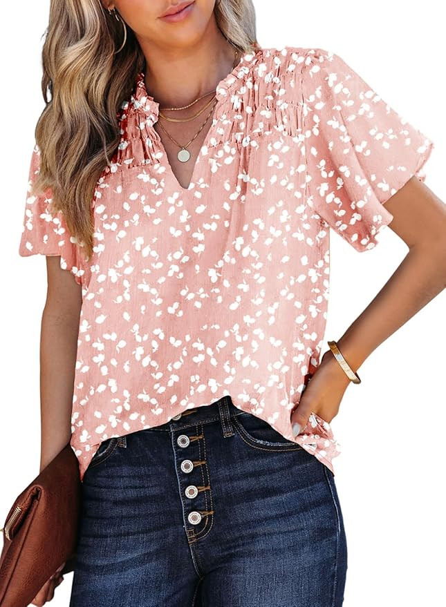 SHEWIN Women's Casual V Neck Floral Print Smocked Short Sleeve Chiffon Blouses Bohemian Top Shirt... | Amazon (US)