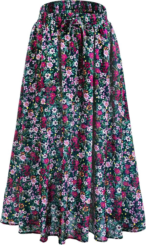 Maxi Skirt for Women Floral Boho A-line Long Summer Skirts with Elastic High Waist Adjustable Dra... | Amazon (US)