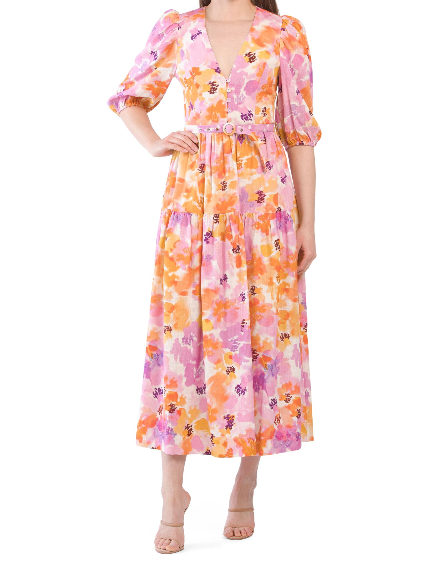 Linen Blend Cellie Printed Dress With Belt | TJ Maxx