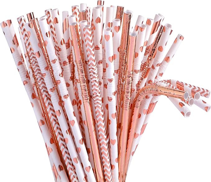 Tomnk 100pcs 8.85 Inch Flexible Bendy Rose Gold Paper Straws Biodegradable Drinking Straws- Premi... | Amazon (US)