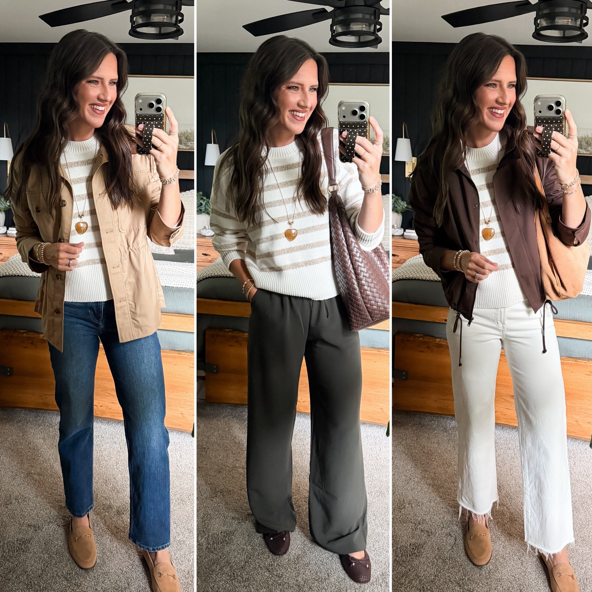 Fall Capsule Wardrobe - Stripe Sweater 

Sweater (medium) 
Tan jacket (medium) 
Brown jacket (sized up to a large) 
Blue jeans (size 26 regular in the medium wash) 
Olive pants (small tall) 
Ivory jeans (27 long)