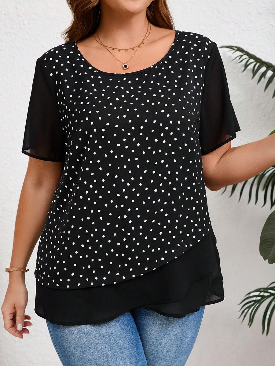 EMERY ROSE Plus Size Women's Summer Polka Dot Print Crew Neck Short Sleeve Casual Blouse,Summer F... | SHEIN