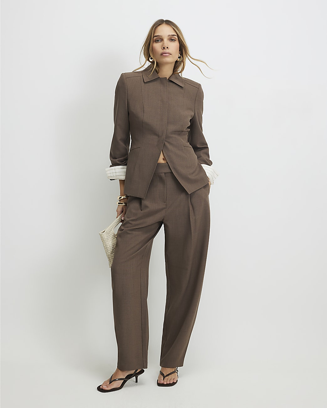 Brown Tailored Barrel Leg Trousers | River Island UK & IE