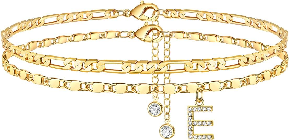 Ankle Bracelets for Women, 14K Gold Plated Dainty Layered Figaro Chain CZ initial Anklets Set Sum... | Amazon (US)