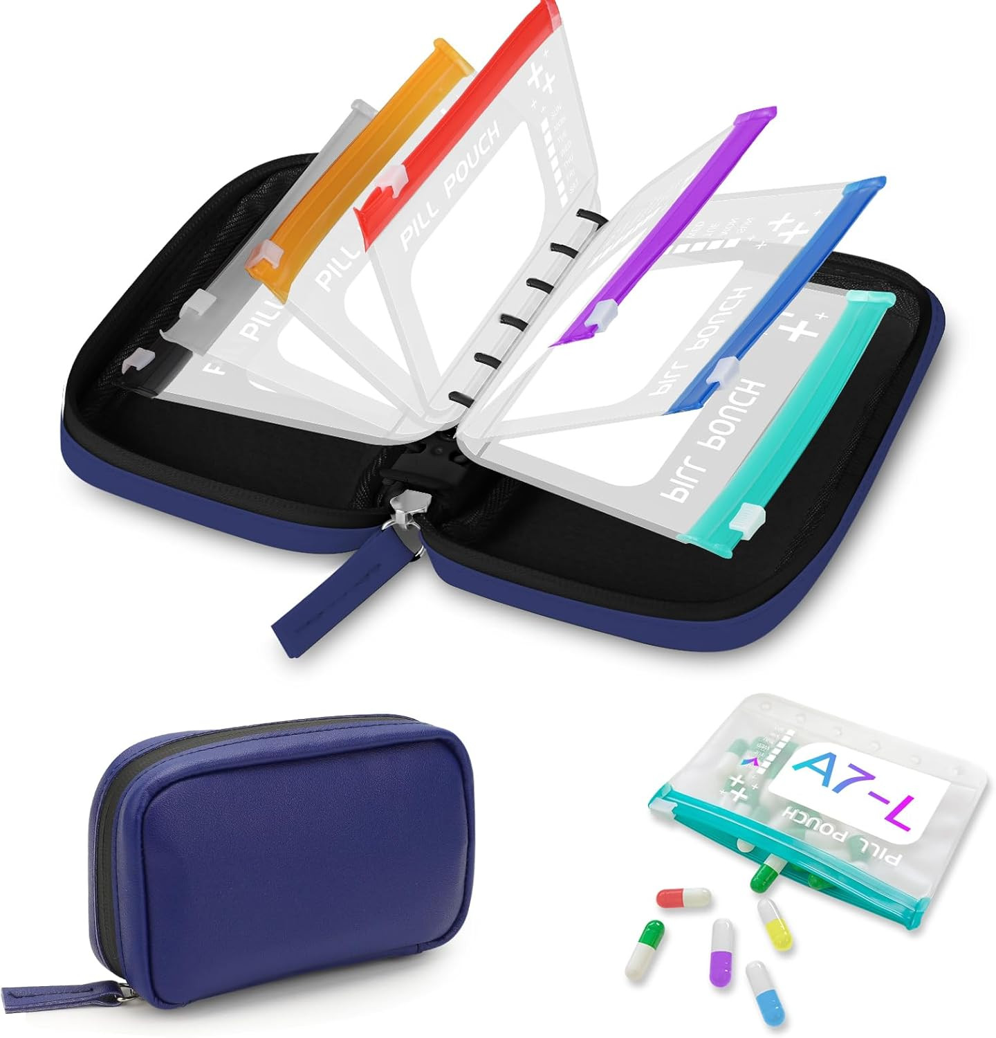 Timueetech A7 Waterproof Pill Organizer with 7 PCS L Size Zippered Pill Pouches for A7 Binder, Large BPA-Free Weekly Medicine Organizer, Color-Coded Reusable Travel Pill Storage System | Amazon (US)