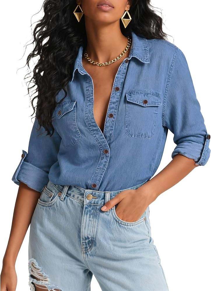 Denim Shirts Women Chambray Blouse Long Sleeve Button Down Jean Shirt Lightweight Blouses Western... | Amazon (US)