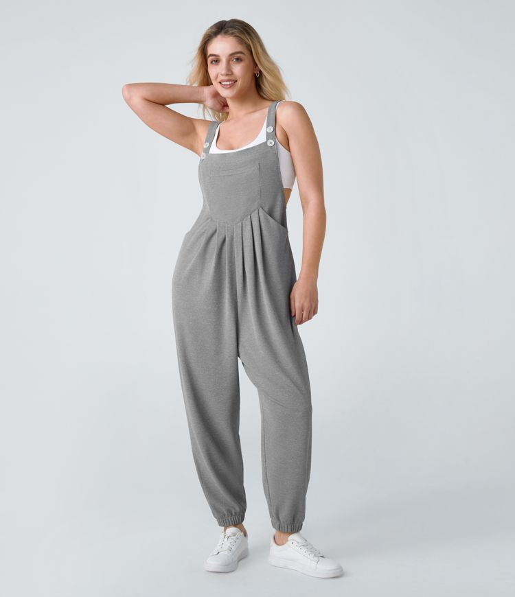 Women’s Adjustable Strap Button Multiple Pockets Plicated Waffle Casual Jogger Overalls - Halar... | HALARA