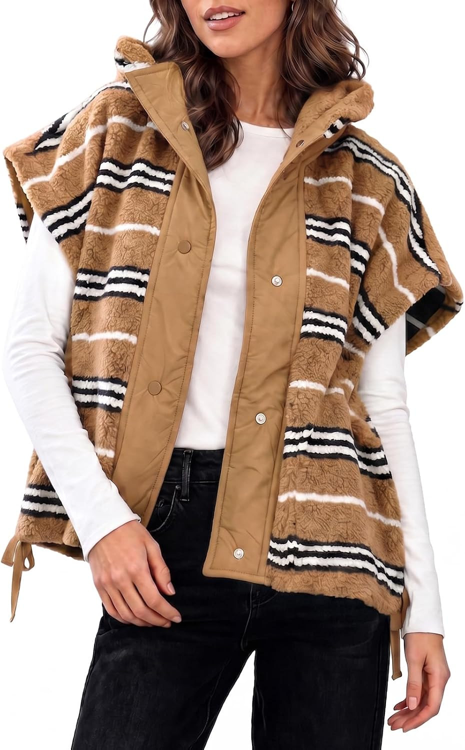 Fisoew Womens Fuzzy Fleece Vest Casual Striped Sleeveless Sherpa Jackets | Amazon (US)