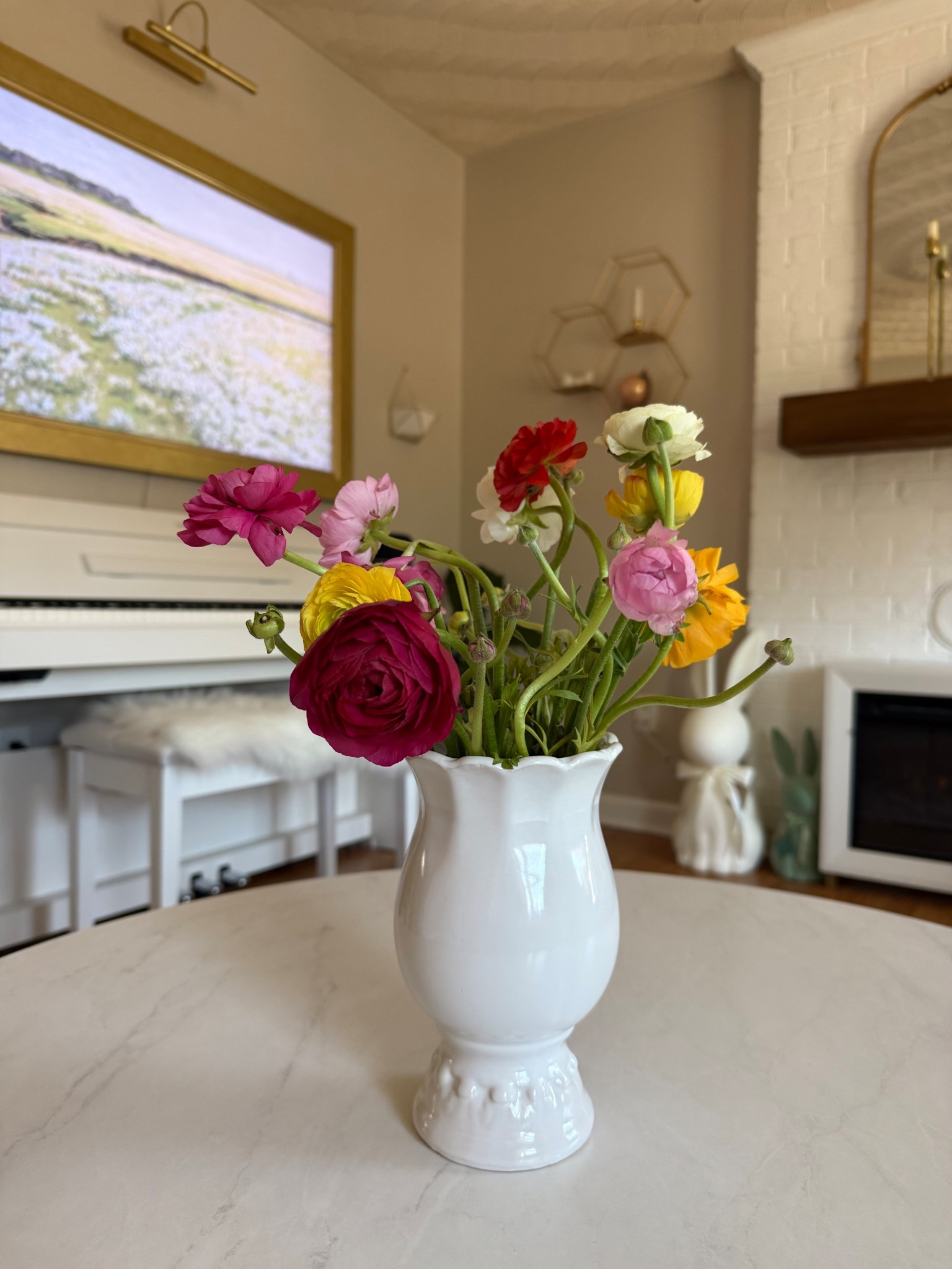 Spring flowers- they say money can’t buy happiness but these flowers were under $15.
Bunnies, Yamaha arius, frame tv  