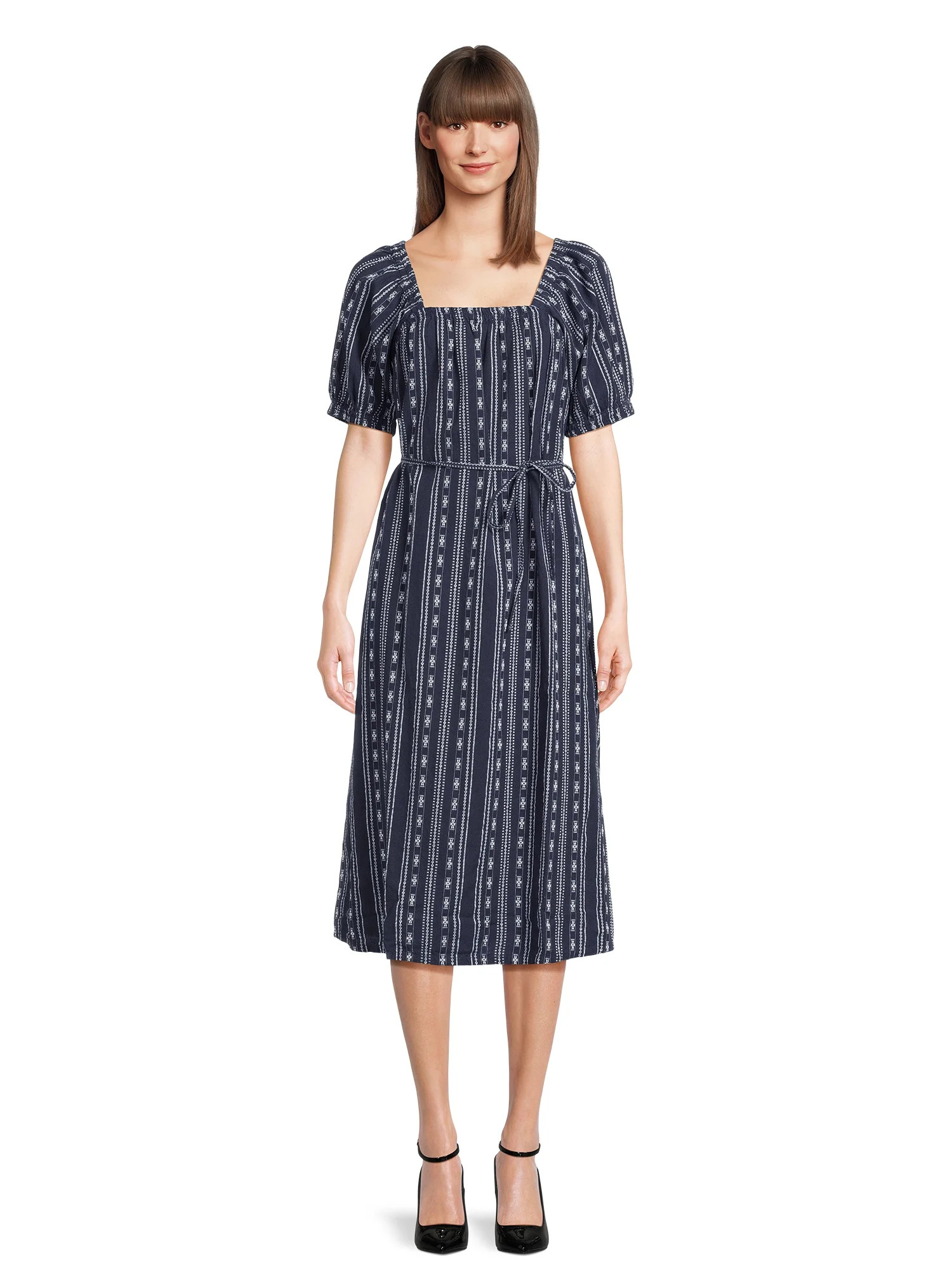 Time and Tru Women's and Women's Plus Square Neck Midi Dress with Belt XS-4X - Walmart.com | Walmart (US)