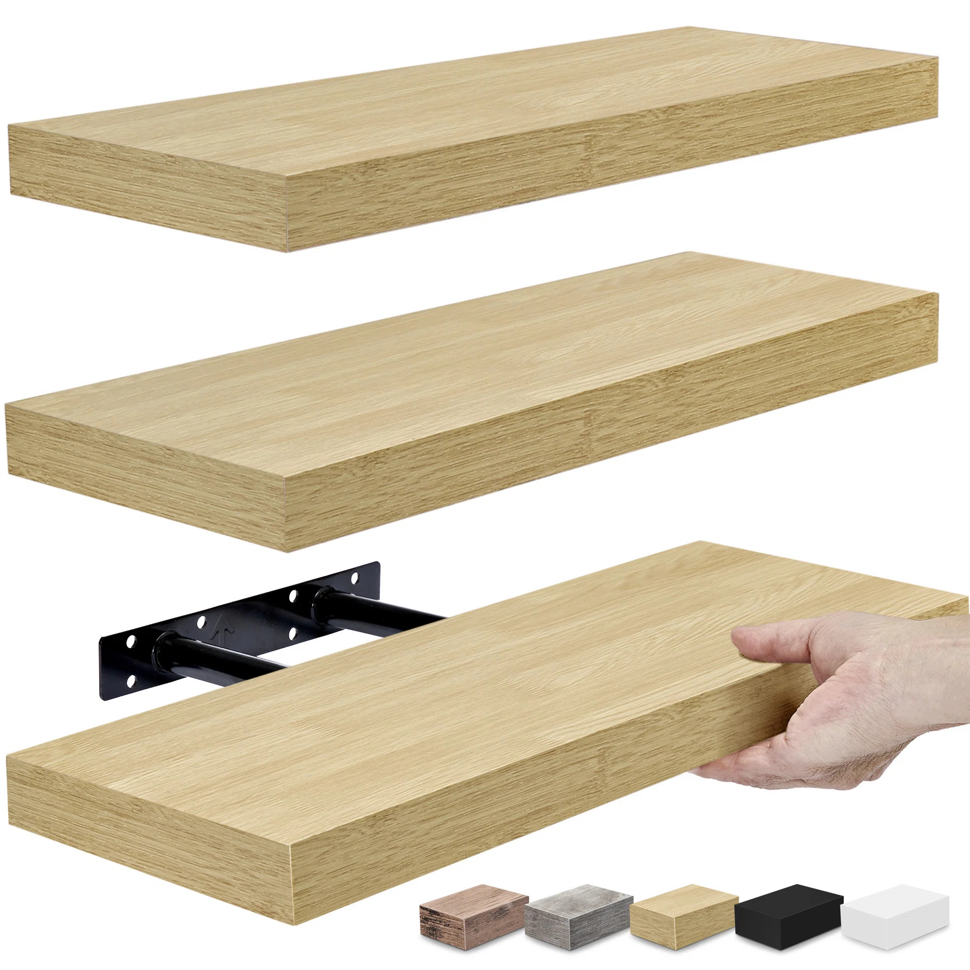 16" Long Floating Shelves with Invisible Mounting Set of 3 in Maple Wood | Wayfair North America