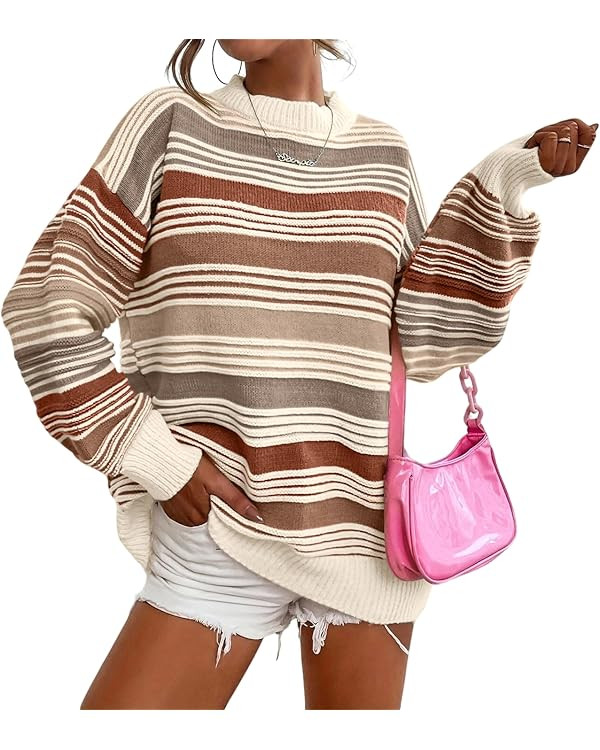 CHARTOU Women Contrast Striped Pullover Sweater 2025 Fall Outfits Oversized Knit Jumper Tops | Amazon (US)