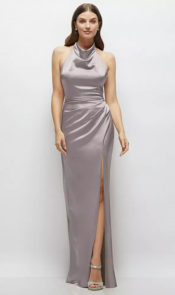 Cowl Halter Open-Back Satin Maxi Dress in Cashmere Gray | Dessy Group